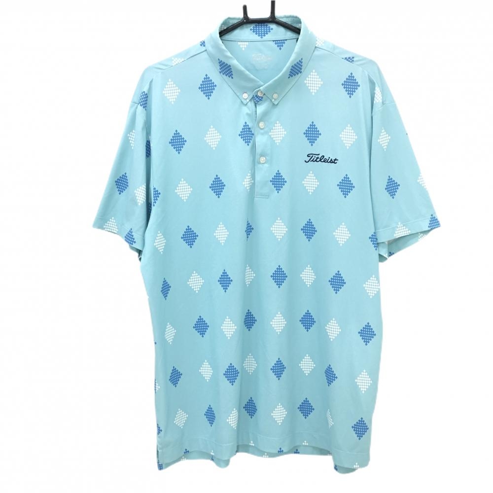 タイトリスト 半袖ポロシャツ ライトブルー×ブルー ダイヤ柄 ロゴ刺しゅう メンズ 3L ゴルフウェア 大きいサイズ TITLEIST