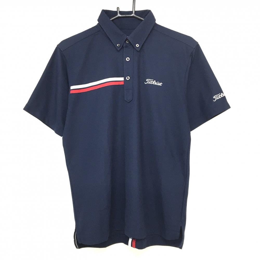 【美品】タイトリスト 半袖ポロシャツ ネイビー×白 ロゴ刺しゅう ボタンダウン 肩毛羽立ち メンズ L ゴルフウェア TITLEIST