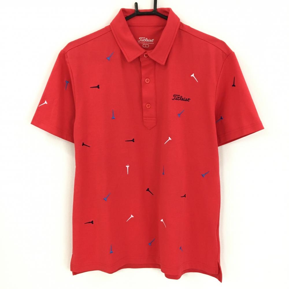 【超美品】タイトリスト 半袖ポロシャツ レッド ティー刺しゅう総柄 韓国モデル  メンズ L ゴルフウェア TITLEIST
