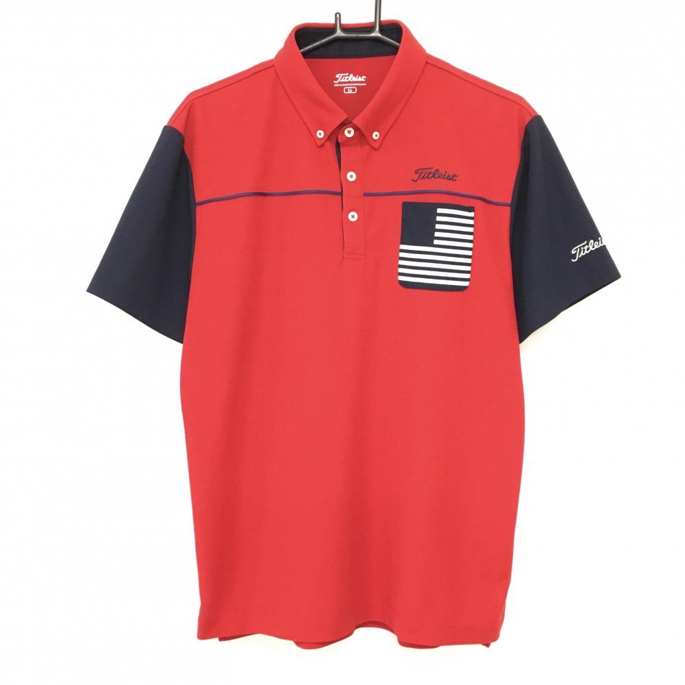 【超美品】タイトリスト 半袖ポロシャツ レッド×ネイビー 胸ポケット ボタンダウン  メンズ LL ゴルフウェア TITLEIST