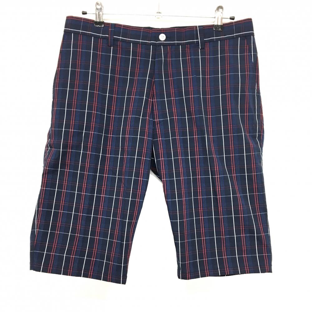 【超美品】タイトリスト ハーフパンツ ダークネイビー×レッド×白 チェック 後ろロゴ刺しゅう メンズ 88 ゴルフウェア TITLEIST
