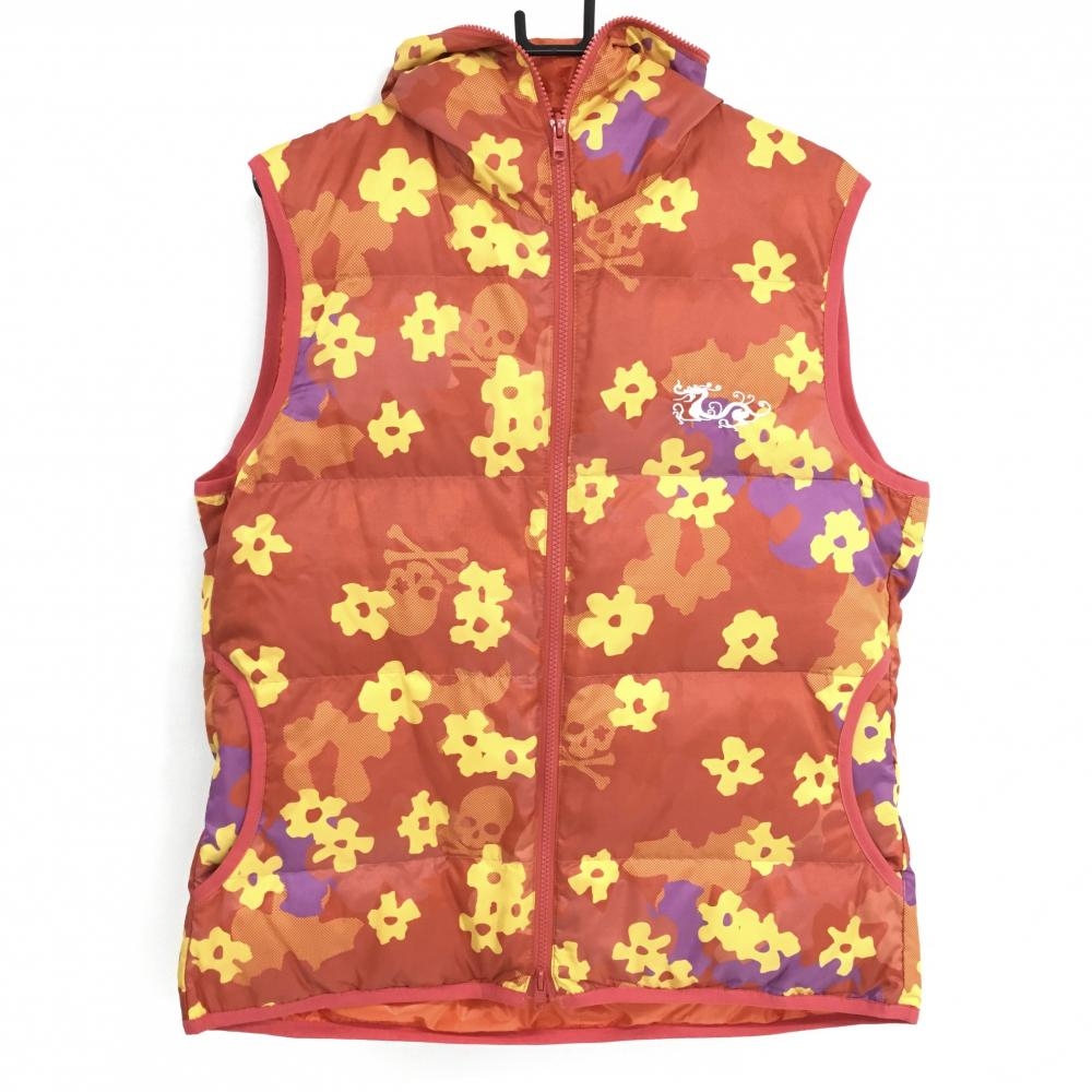 【超美品】ダンスウィズドラゴン リバーシブルダウンベスト レッド×イエロー 花柄調 スカル  メンズ 3(L) ゴルフウェア Dance With Dragon