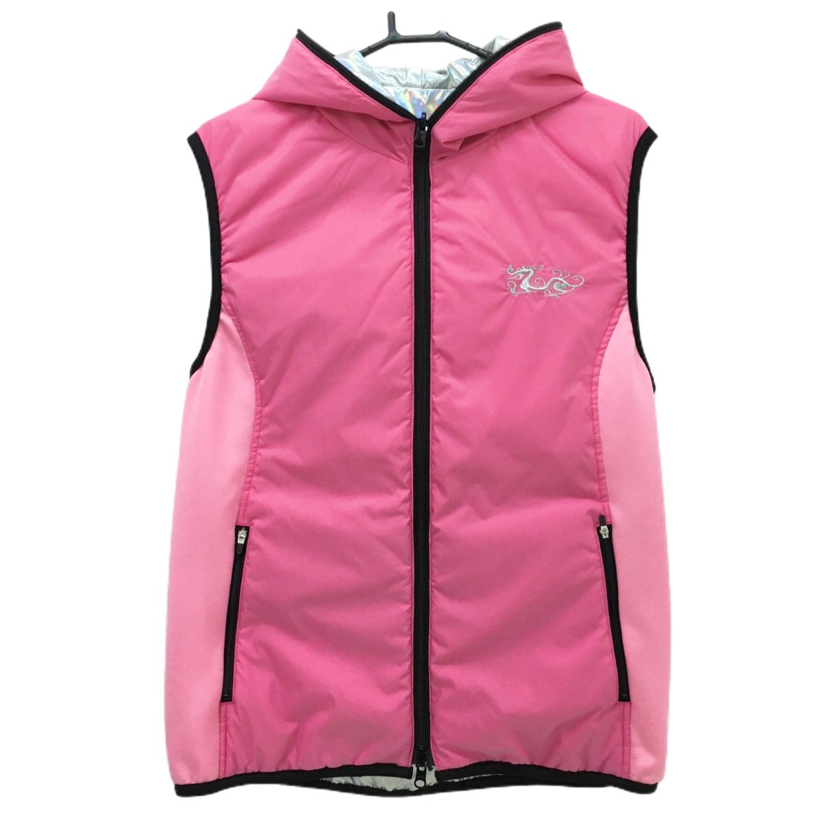 【新品】ダンスウィズドラゴン リバーシブルダウンベスト ピンク×黒 裏オーロラカラー フード付き ロゴ刺しゅう バックロゴワッペン メンズ 3(L) ゴルフウェア Dance With Dragon