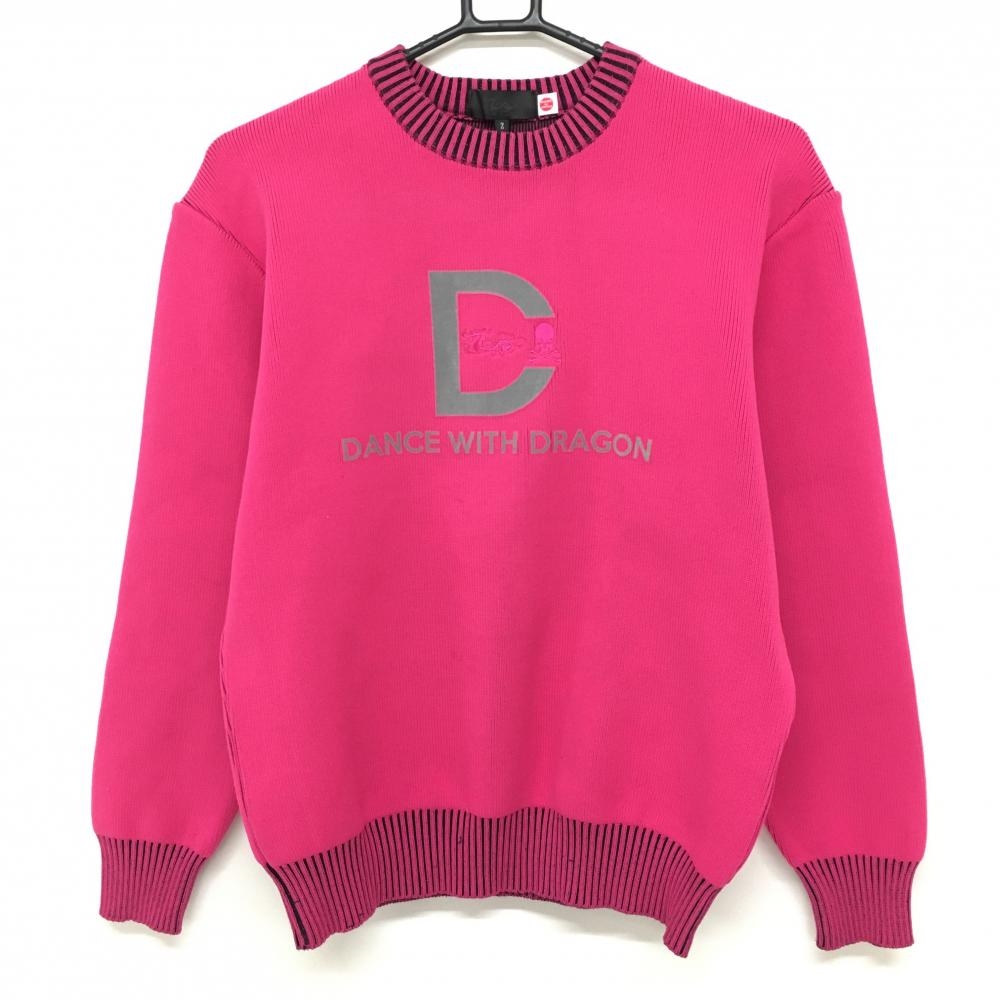 【美品】ダンスウィズドラゴン セーター ピンク×グレー フロッキープリント メンズ 2(M) ゴルフウェア Dance With Dragon