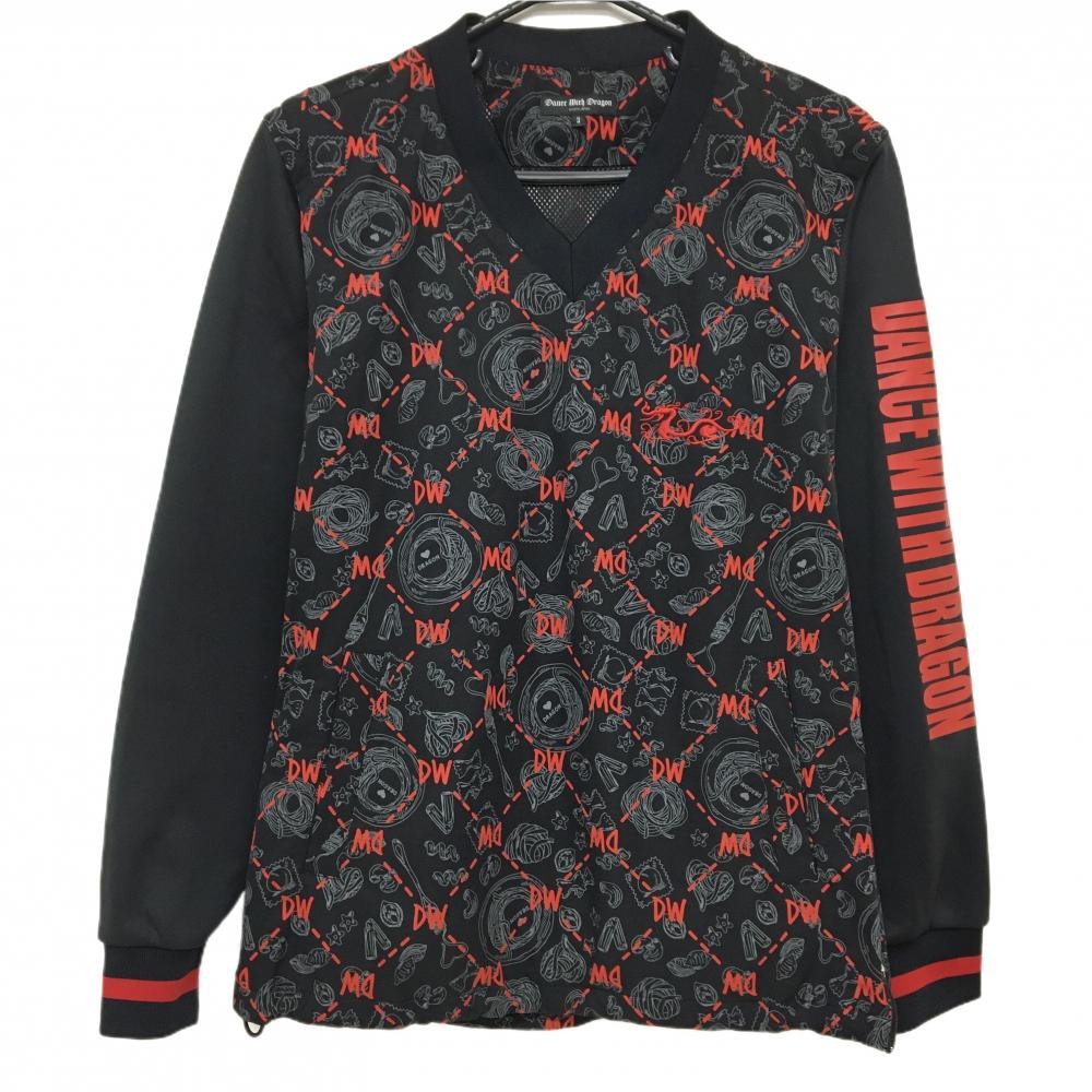 【美品】ダンスウィズドラゴン 2WAYスニード 黒×レッド 袖着脱可 身頃総柄 Vネック メンズ 3(L) ゴルフウェア Dance With Dragon