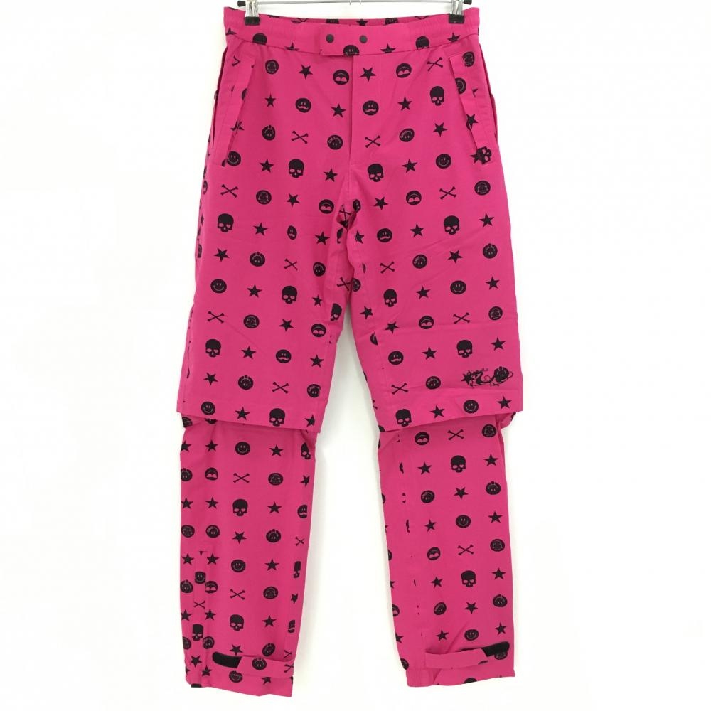 【超美品】ダンスウィズドラゴン 2WAYレインパンツ ピンク×黒 総柄 スカル 星 裾着脱可 メンズ 2(M) ゴルフウェア Dance With Dragon