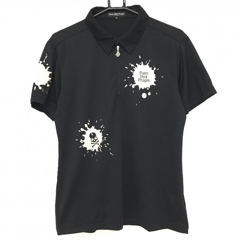 ダンスウィズドラゴン 半袖ポロシャツ 黒×白 一部ペイント柄 ハーフジップ スカル  メンズ L ゴルフウェア 半袖ポロシャツ