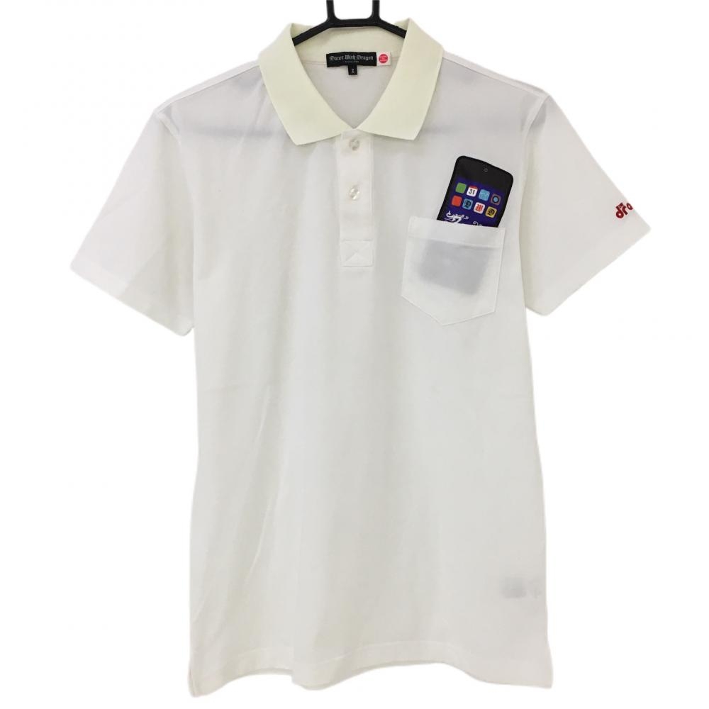 ダンスウィズドラゴン 半袖ポロシャツ 白×黒 スマホ刺しゅう 胸ポケット付 メンズ 2(M) ゴルフウェア Dance With Dragon