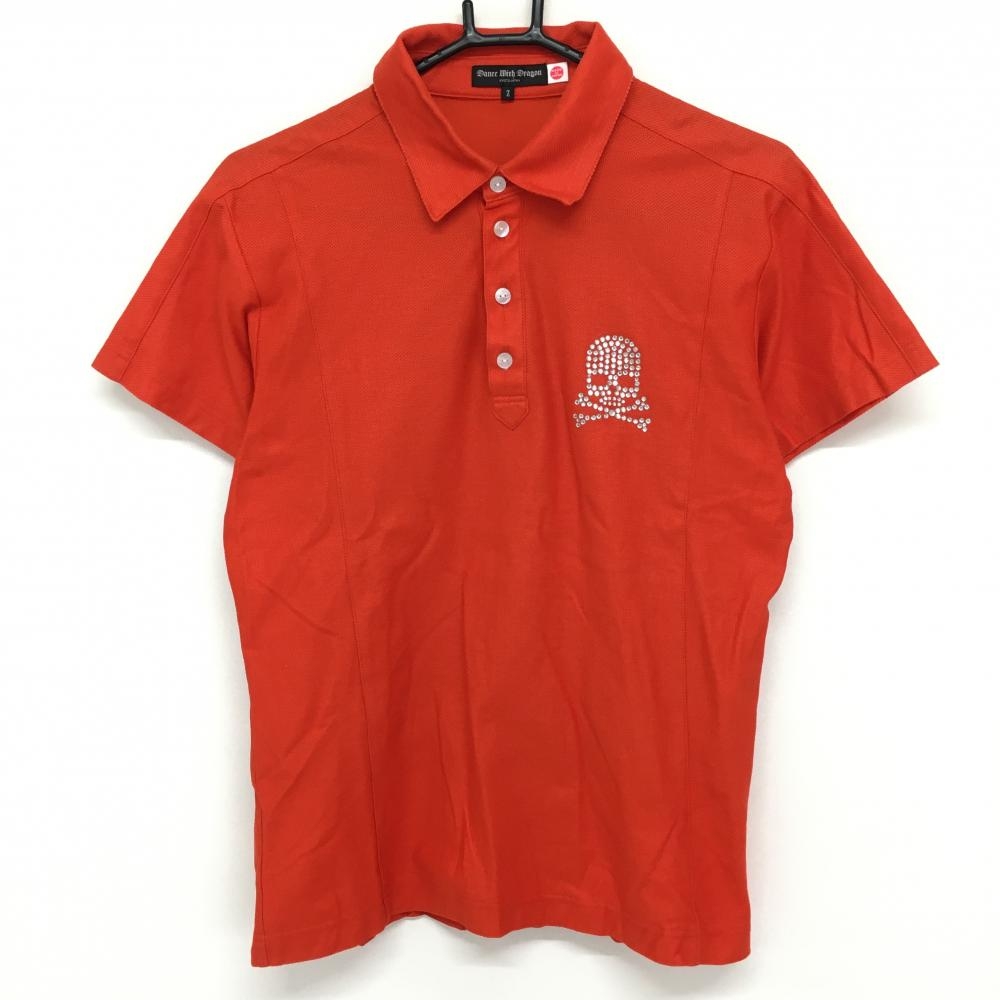 【超美品】ダンスウィズドラゴン 半袖ポロシャツ レッド ラインストーンスカル 後ろ襟ロゴ メンズ 2(M) ゴルフウェア Dance With Dragon