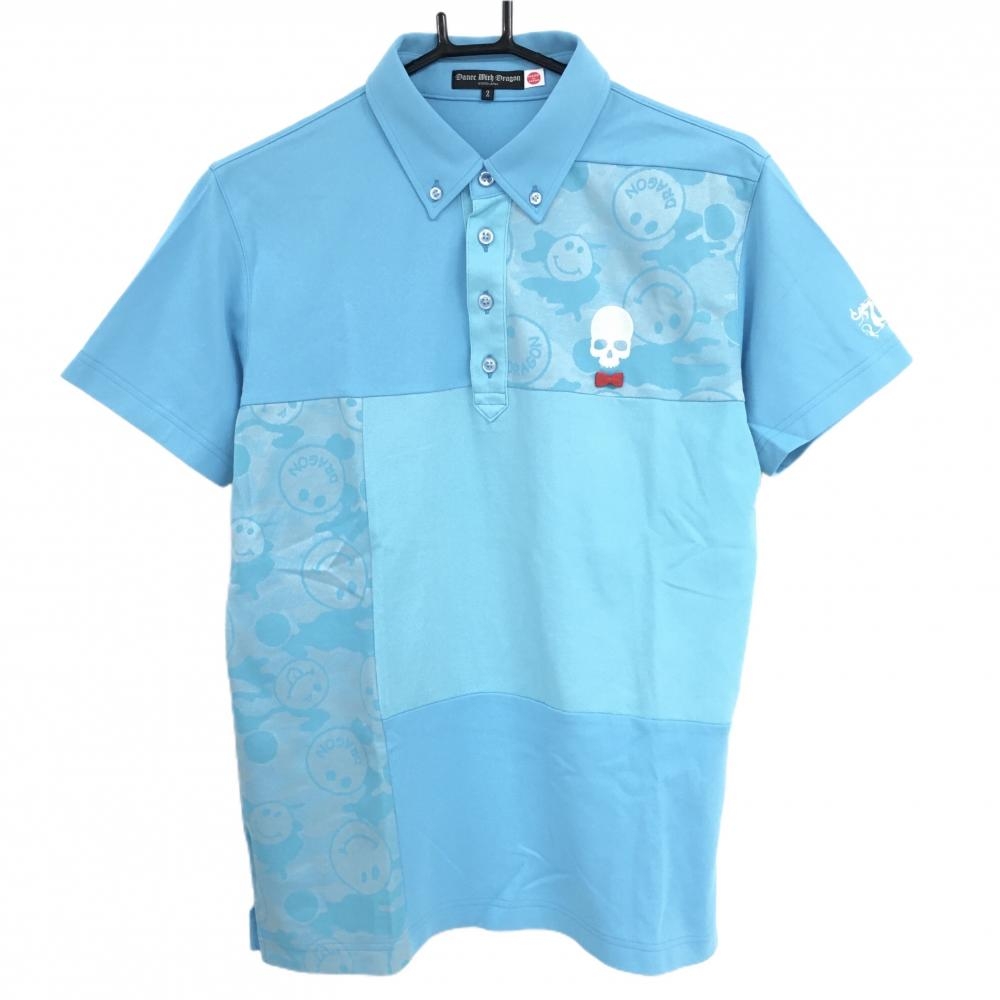 【超美品】ダンスウィズドラゴン 半袖ポロシャツ ライトブルー 前面切替 ニコちゃん柄 スカル メンズ 2(M) ゴルフウェア Dance With Dragon