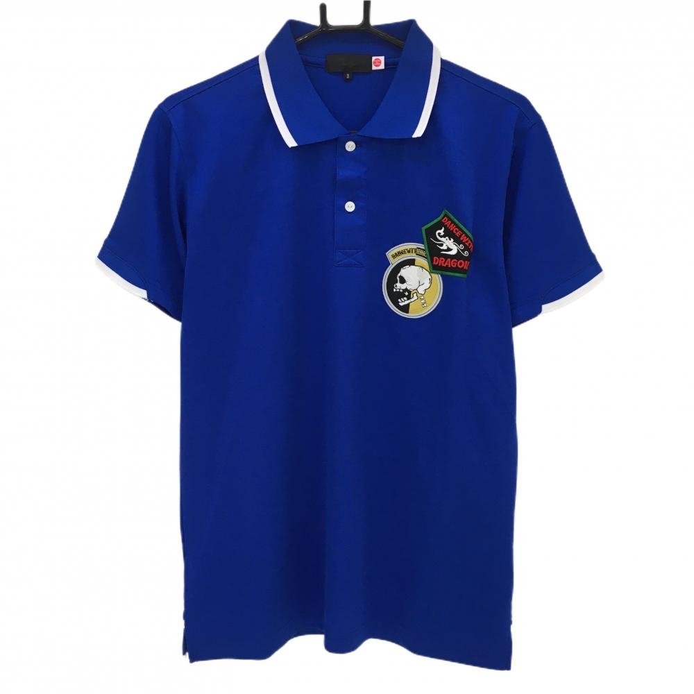 ダンスウィズドラゴン 半袖ポロシャツ ブルー×白 襟ライン 刺しゅうワッペン メンズ 3(L) ゴルフウェア Dance With Dragon