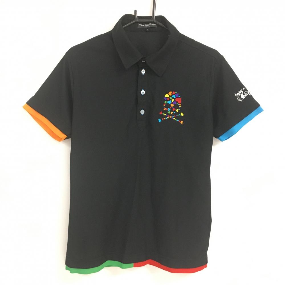 ダンスウィズドラゴン 半袖ポロシャツ 黒×マルチ スカルハート刺しゅう メンズ 2(M) ゴルフウェア Dance With Dragon