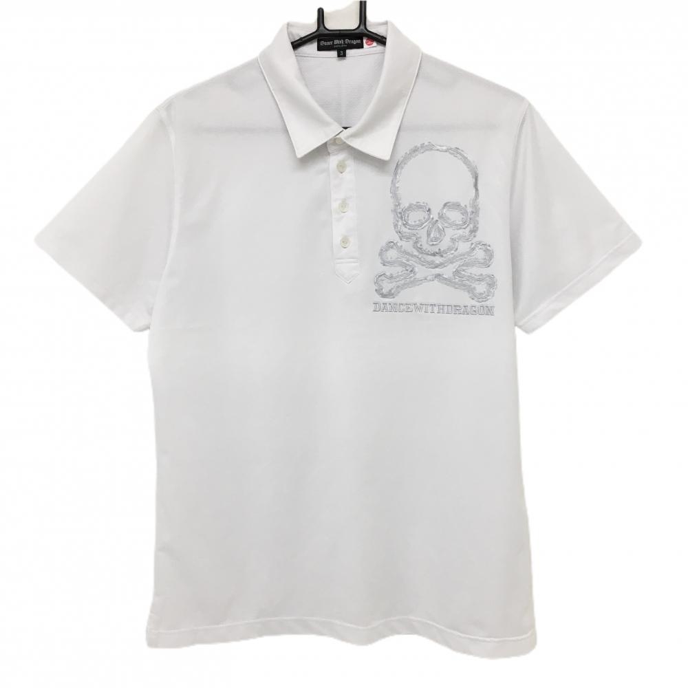 【美品】ダンスウィズドラゴン 半袖ポロシャツ 白 胸スカル メンズ 3(L) ゴルフウェア Dance With Dragon
