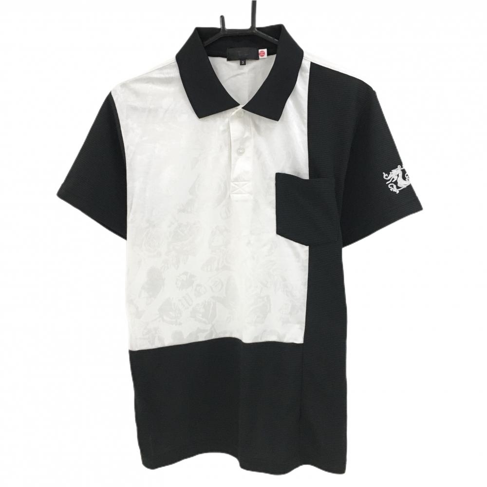 【美品】ダンスウィズドラゴン 半袖ポロシャツ 黒×白 切替 一部花柄地模様 メンズ 3(L) ゴルフウェア Dance With Dragon
