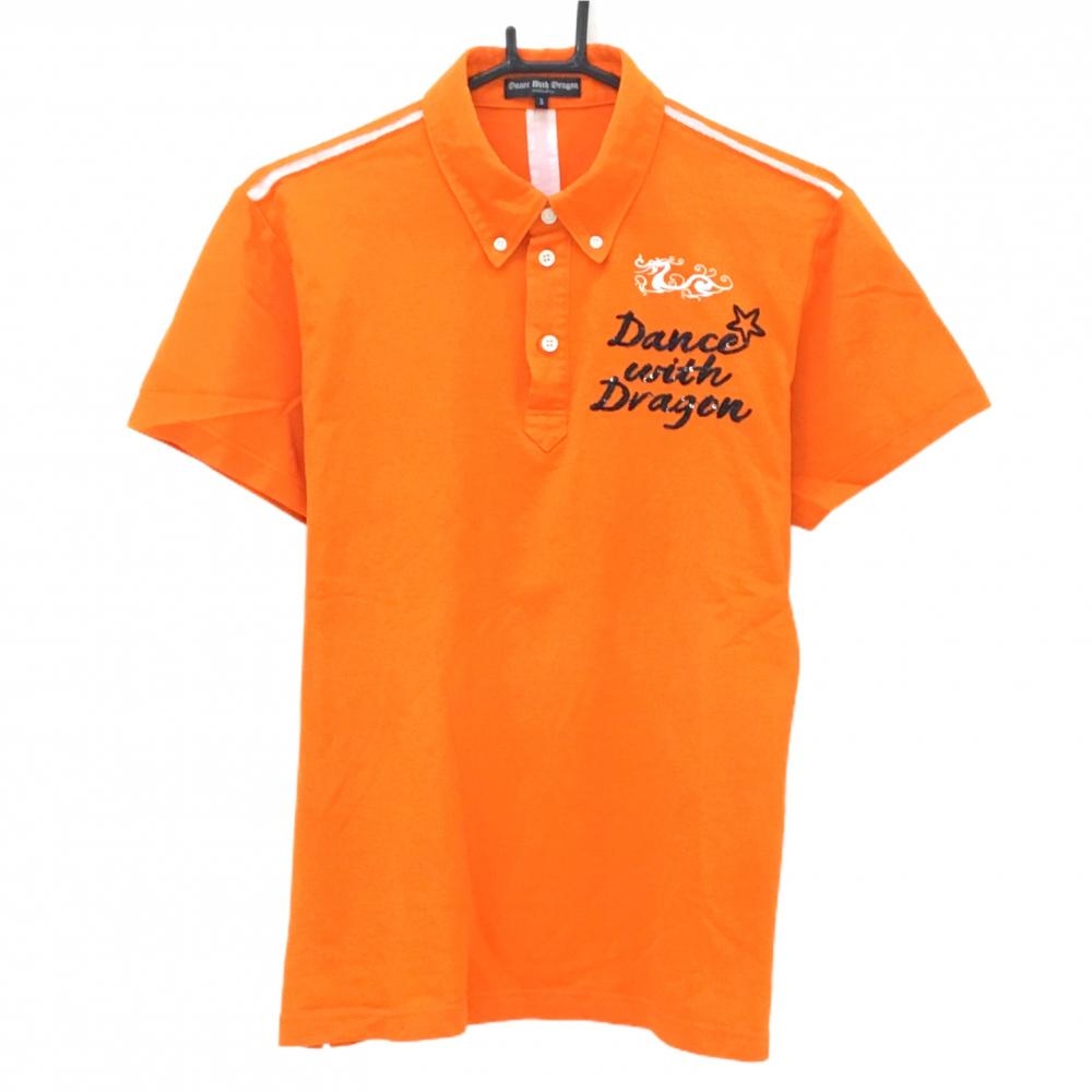 【美品】ダンスウィズドラゴン 半袖ポロシャツ オレンジ×白 ボタンダウン スパンコール  メンズ 3(L) ゴルフウェア Dance With Dragon