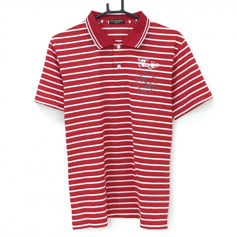 【美品】ダンスウィズドラゴン 半袖ポロシャツ レッド×白 ボーダー ロゴ刺しゅう  メンズ 3(L) ゴルフウェア Dance With Dragon