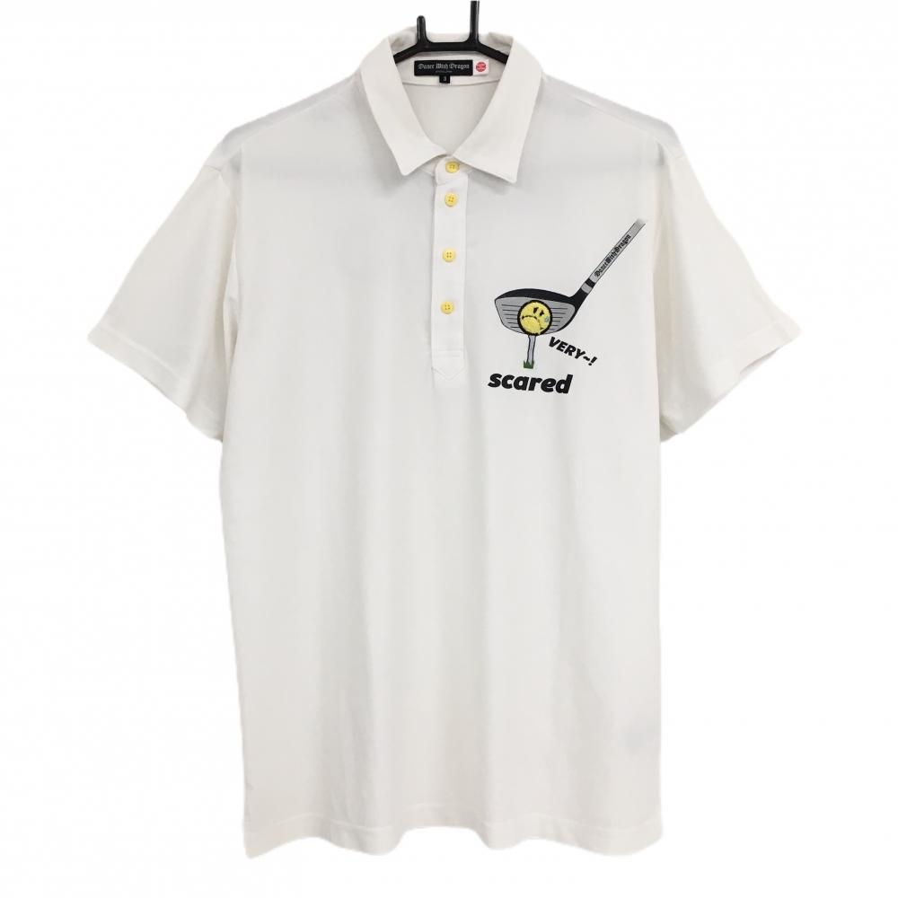 ダンスウィズドラゴン 半袖ポロシャツ 白×黒 ニコちゃん パイルワッペン メンズ 3(L) ゴルフウェア Dance With Dragon