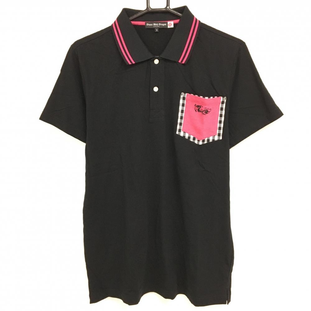 【超美品】ダンスウィズドラゴン 半袖ポロシャツ 黒×ピンク バックロゴ 胸ポケット メンズ 3(L) ゴルフウェア Dance With Dragon