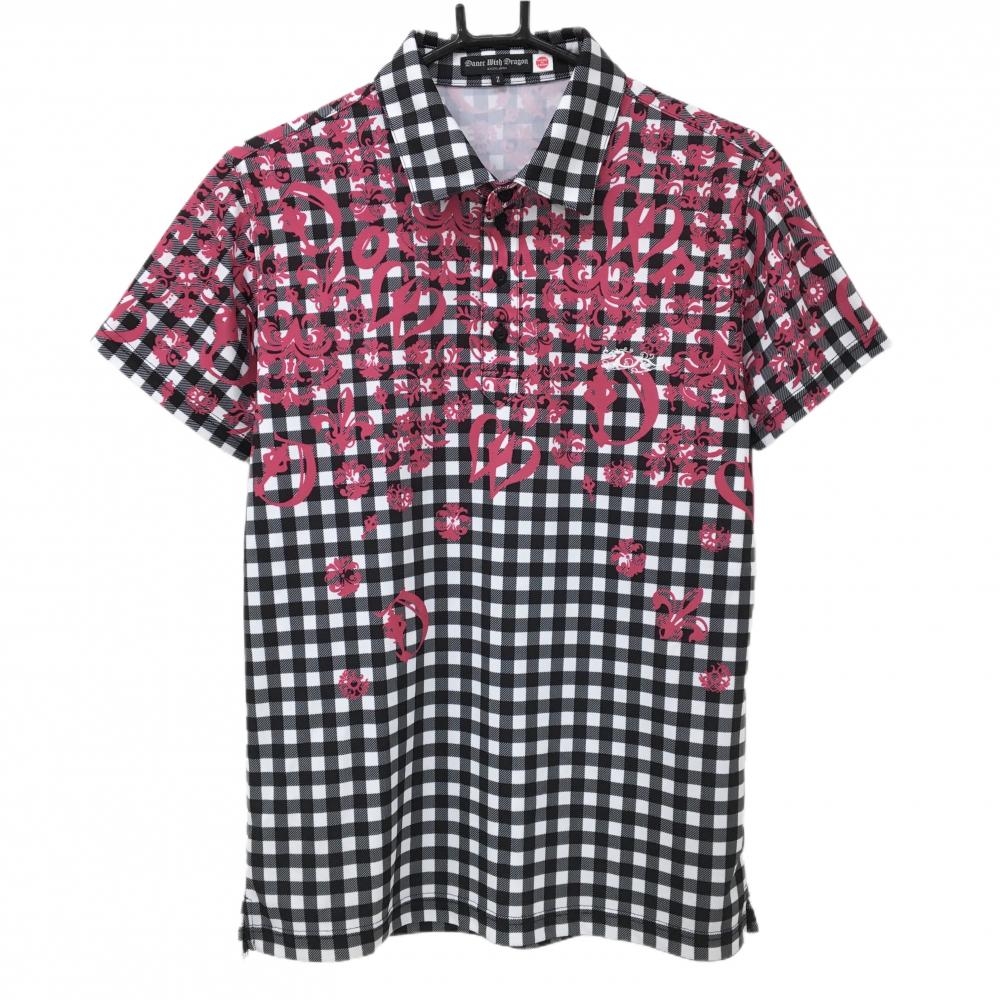 【超美品】ダンスウィズドラゴン 半袖ポロシャツ 黒×白×ピンク チェック 総柄 メンズ 2(Ｍ) ゴルフウェア Dance With Dragon
