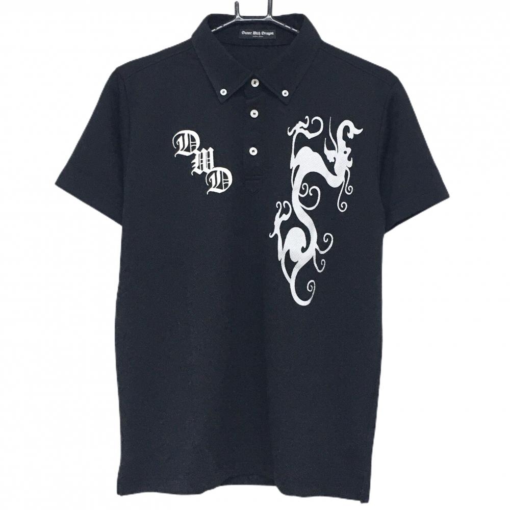 【美品】ダンスウィズドラゴン 半袖ポロシャツ 黒×シルバー ロゴ刺しゅう 背面スカル   メンズ 3(L) ゴルフウェア Dance With Dragon