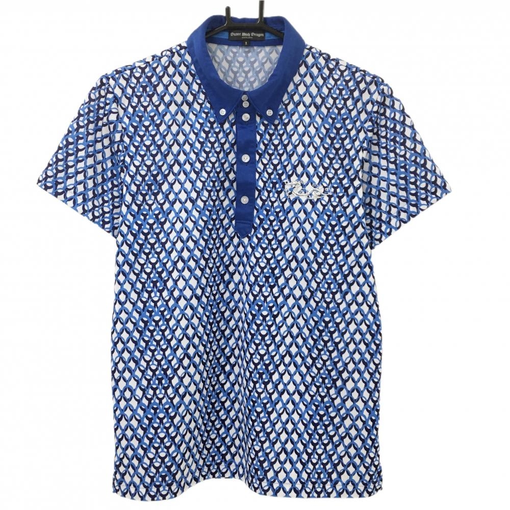 【超美品】ダンスウィズドラゴン 半袖ポロシャツ ブルー×白 総柄 ボタンダウン  メンズ 2(M) ゴルフウェア Dance With Dragon
