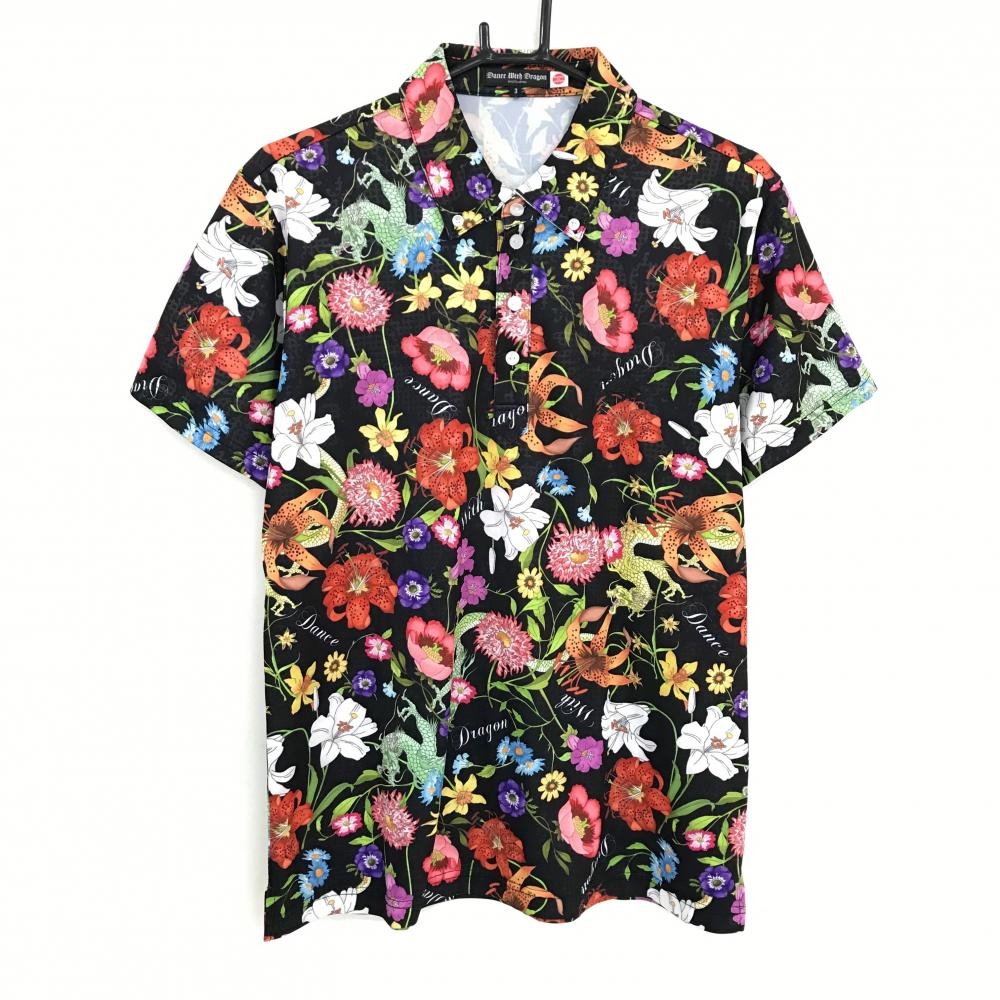 【超美品】ダンスウィズドラゴン 半袖ポロシャツ 黒×マルチカラー 総柄 花 ドラゴン  メンズ 3(L) ゴルフウェア Dance With Dragon