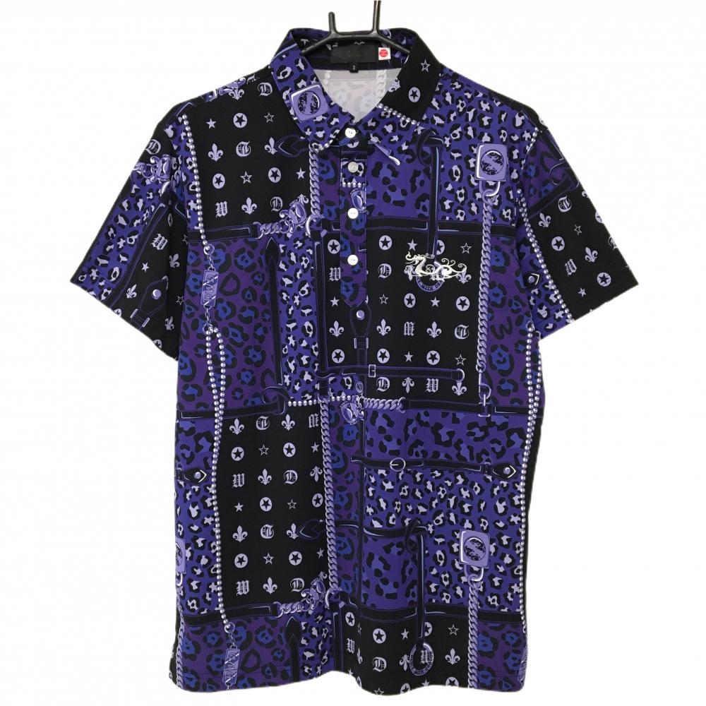 【美品】ダンスウィズドラゴン 半袖ポロシャツ 黒×パープル系 総柄 一部レオパード メンズ 3(L) ゴルフウェア Dance With Dragon