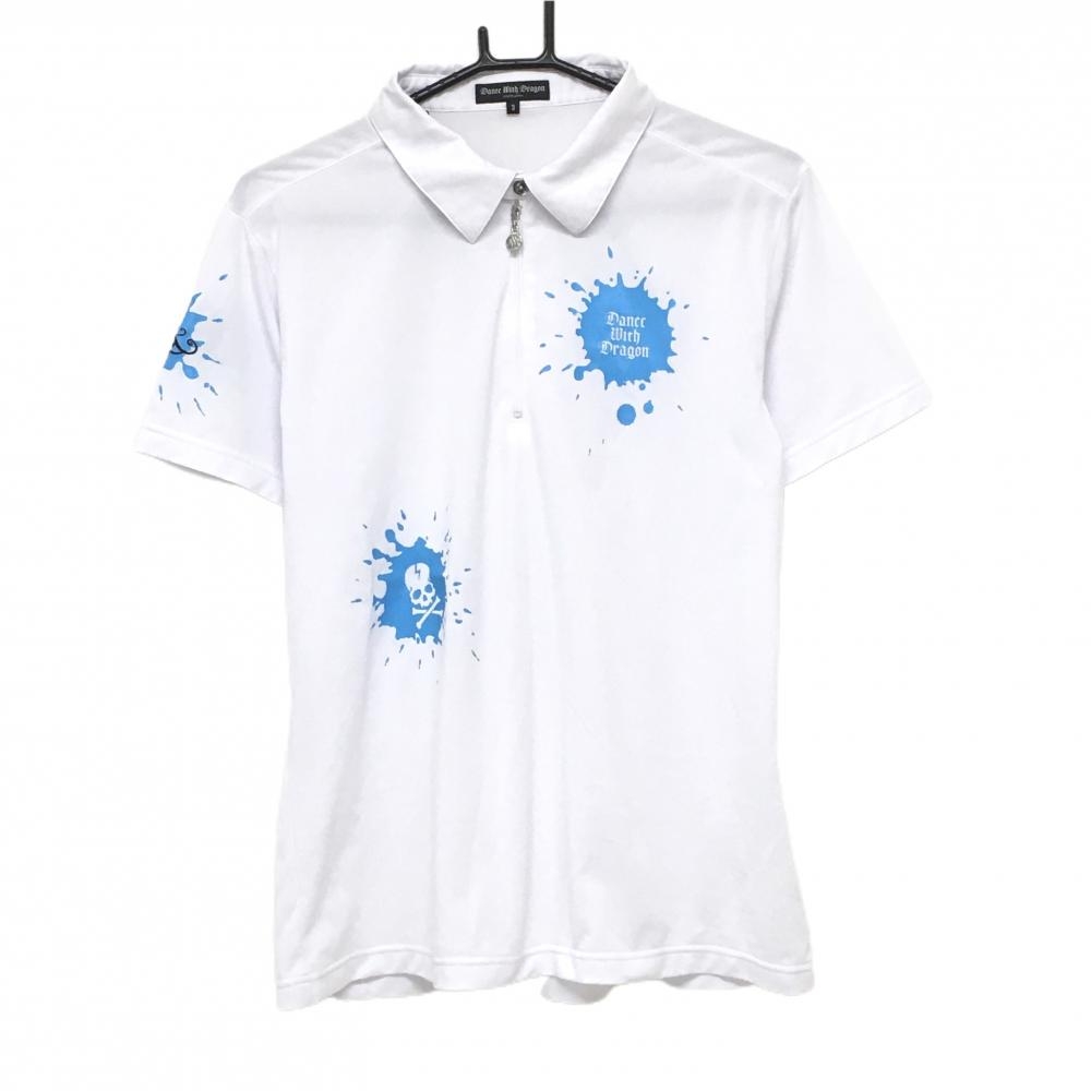 【超美品】ダンスウィズドラゴン 半袖ポロシャツ 白×ライトブルー  メンズ 3(L) ゴルフウェア Dance With Dragon