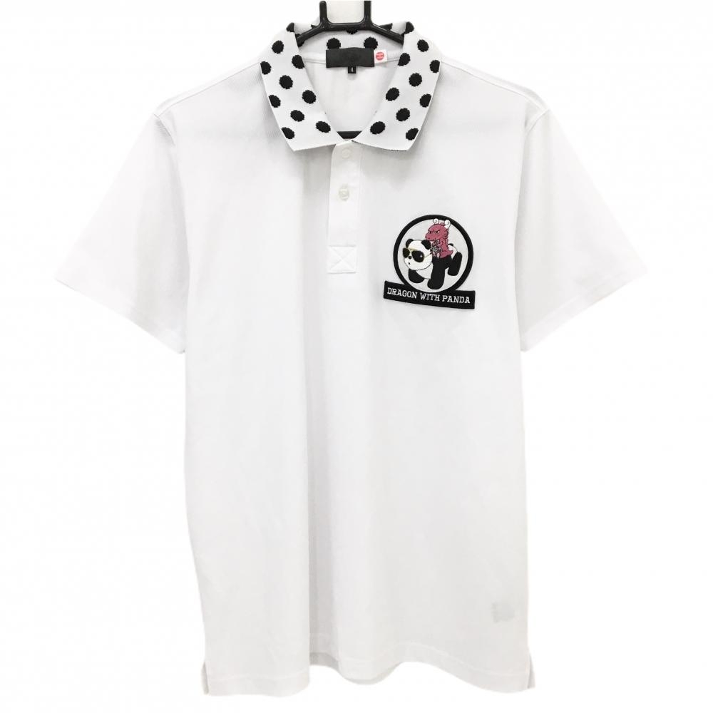 【美品】ダンスウィズドラゴン 半袖ポロシャツ 白×黒 チビドラ パンダ 襟ドット  メンズ 4(XL) ゴルフウェア Dance With Dragon