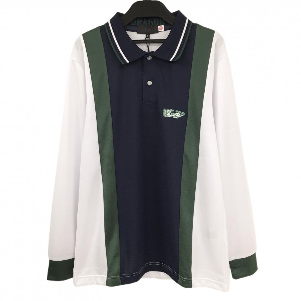 【新品】ダンスウィズドラゴン 長袖ポロシャツ 白×ネイビー×グリーン 吸水速乾 UVカット 遮熱 日本製 メンズ 2(M) ゴルフウェア Dance With Dragon