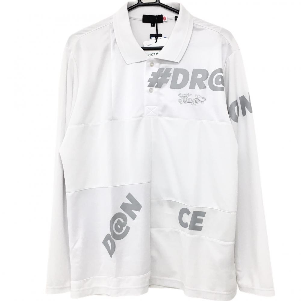 【新品】ダンスウィズドラゴン 長袖ポロシャツ 白 ロゴ刺しゅう 吸汗速乾 UVカット 英字プリント 日本製 メンズ 4(XL) ゴルフウェア Dance With Dragon