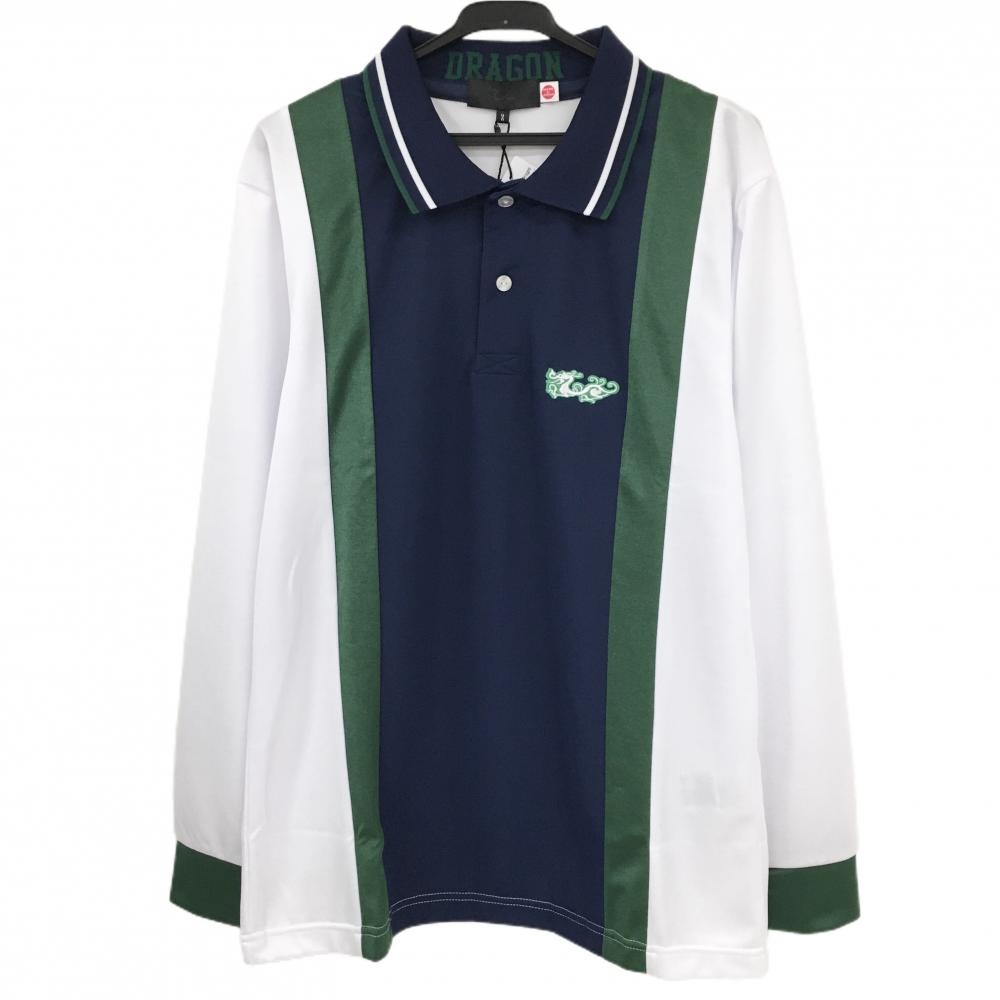 【新品】ダンスウィズドラゴン 長袖ポロシャツ 白×ネイビー×グリーン ロゴ刺しゅう バックプリント 吸水速乾 UVカット 日本製 メンズ 2(M) ゴルフウェア Dance With Dragon