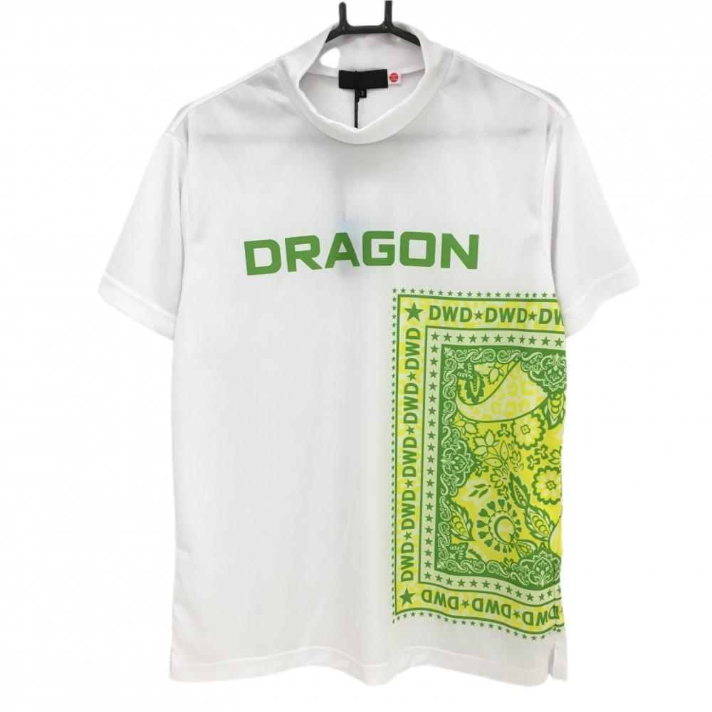 【新品】ダンスウィズドラゴン 半袖ハイネックシャツ 白 ライトグリーン メンズ 3(L) ゴルフウェア 2023年モデル Dance With Dragon