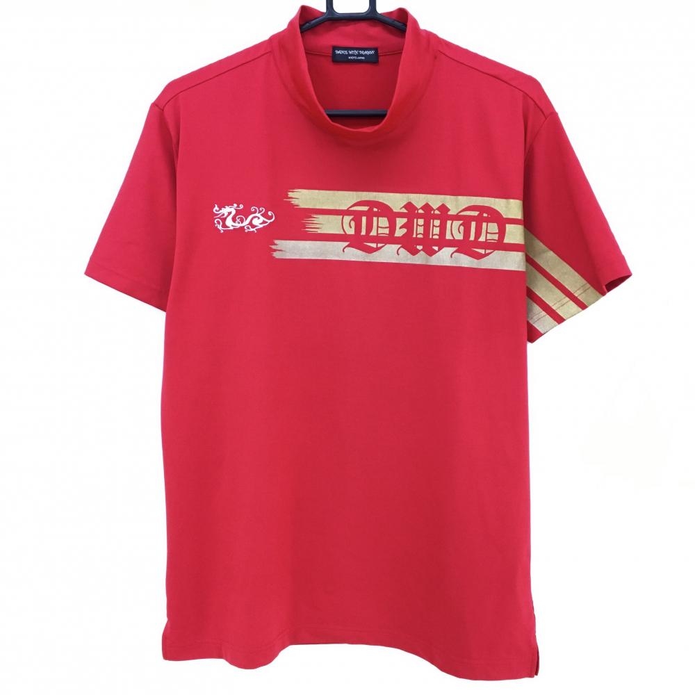 【超美品】ダンスウィズドラゴン 半袖ハイネックシャツ レッド×ゴールド 胸元ライン  メンズ 3(L) ゴルフウェア Dance With Dragon