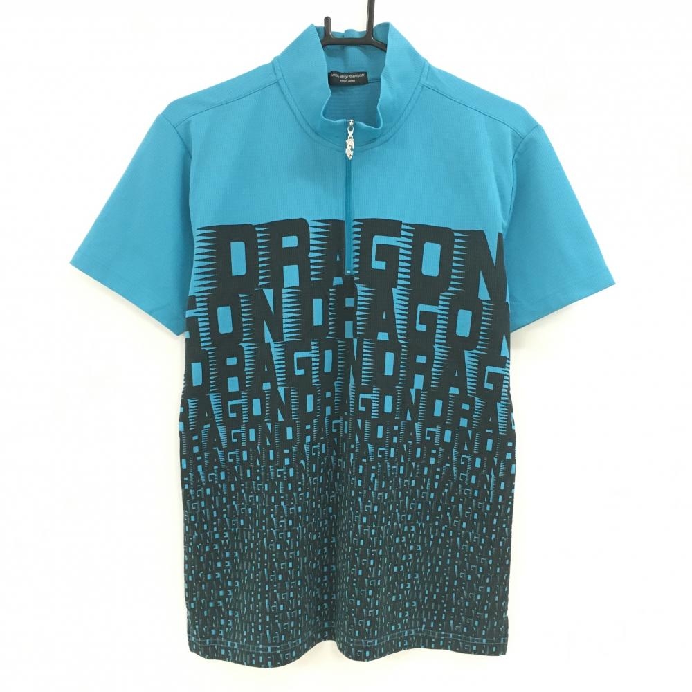 【美品】ダンスウィズドラゴン 半袖ハイネックシャツ ライトブルー×黒 ハーフジップ前ロゴ柄 メンズ 2(M) ゴルフウェア Dance With Dragon