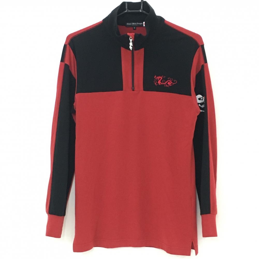 ダンスウィズドラゴン 長袖ハイネックシャツ レッド×黒 ハーフジップ 袖スカル  メンズ 2(M) ゴルフウェア Dance With Dragon