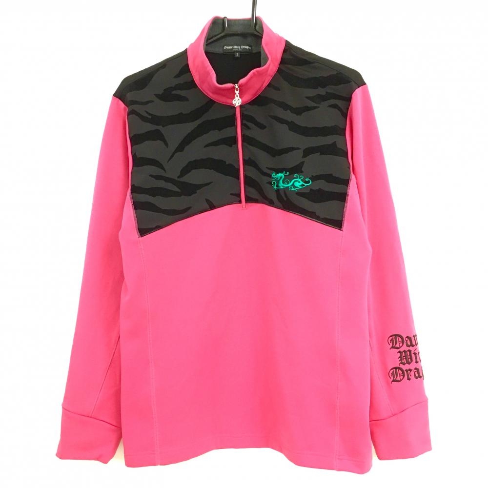 ダンスウィズドラゴン 長袖ハイネックシャツ ピンク×黒 前面上部ゼブラ柄 ハーフジップ  メンズ 3(L) ゴルフウェア Dance With Dragon