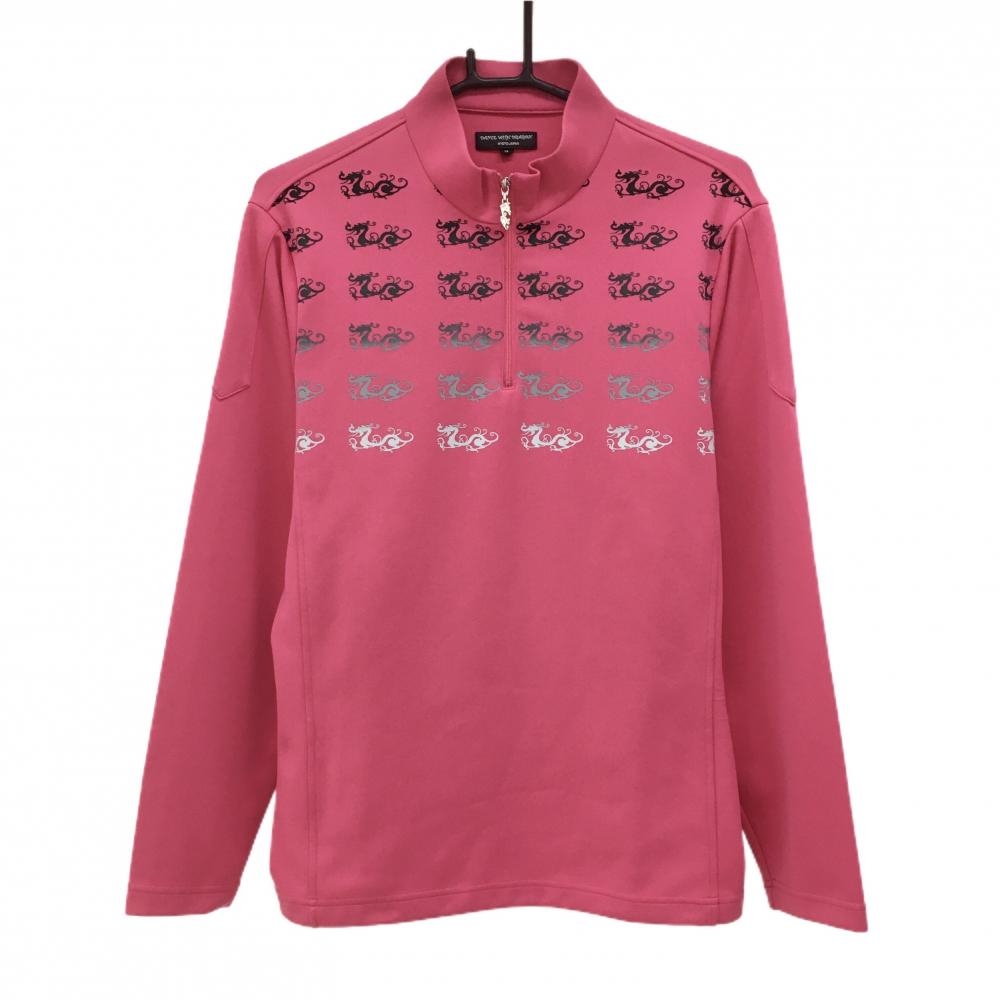 ダンスウィズドラゴン 長袖ハイネックシャツ ピンク×黒 前上部ロゴ総柄 ハーフジップ  メンズ 3(L) ゴルフウェア Dance With Dragon