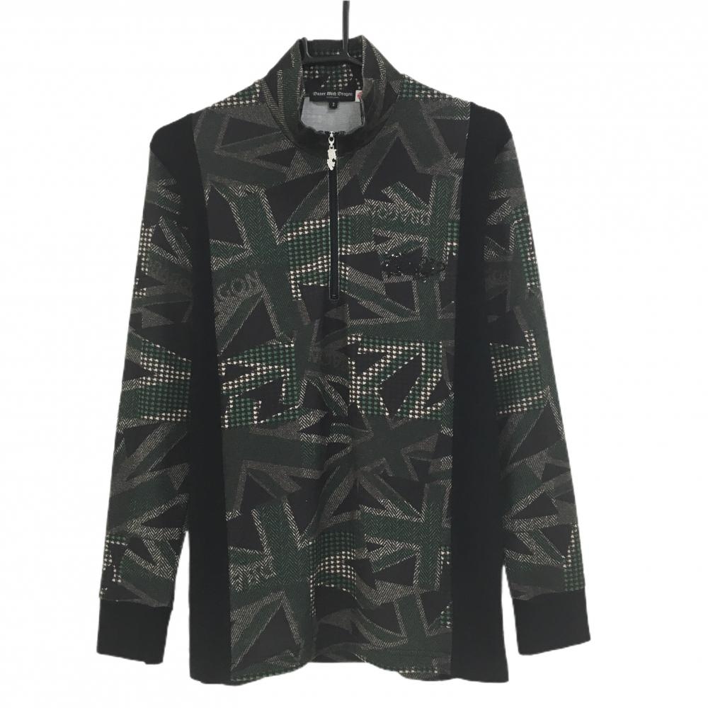 【美品】ダンスウィズドラゴン 長袖ハイネックシャツ 黒×グリーン 一部総柄 ハーフジップ メンズ 2(M) ゴルフウェア Dance With Dragon