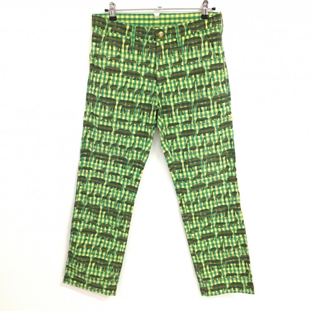 ダンスウィズドラゴン パンツ グリーン×イエロー チェック アニマル総柄 裾汚れ メンズ 2(M) ゴルフウェア Dance With Dragon