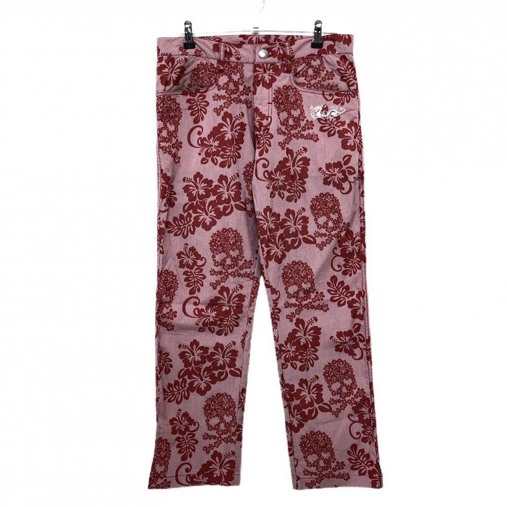 【美品】ダンスウィズドラゴン パンツ　レッド×白 ハイビスカス柄 チェック メンズ 2(M) ゴルフウェア Dance With Dragon