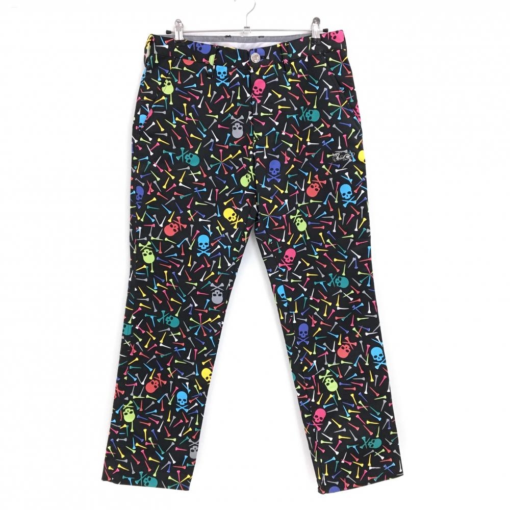 【超美品】ダンスウィズドラゴン パンツ 黒×マルチカラー スカル・ティー総柄 ストレッチ  メンズ 3(L) ゴルフウェア Dance With Dragon