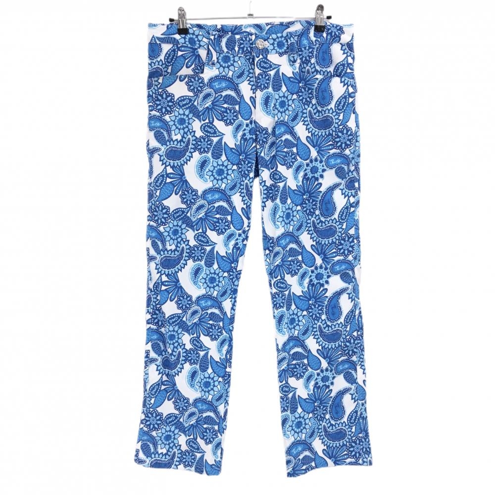 【美品】ダンスウィズドラゴン パンツ 白×ブルー ペイズリー柄 ストレッチ  メンズ 3(L) ゴルフウェア Dance With Dragon
