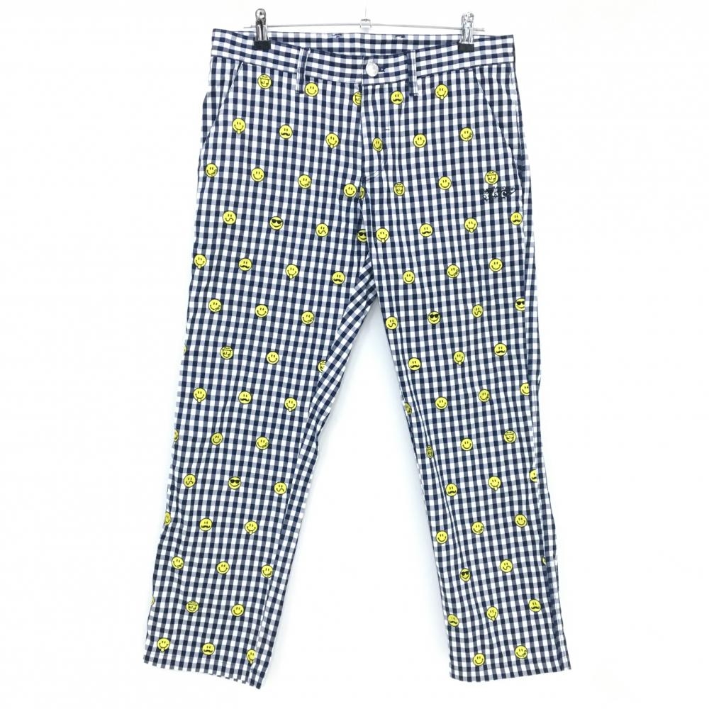 【美品】ダンスウィズドラゴン パンツ 白×ネイビー ギンガムチェック ニコちゃん総柄  メンズ 3(L) ゴルフウェア Dance With Dragon