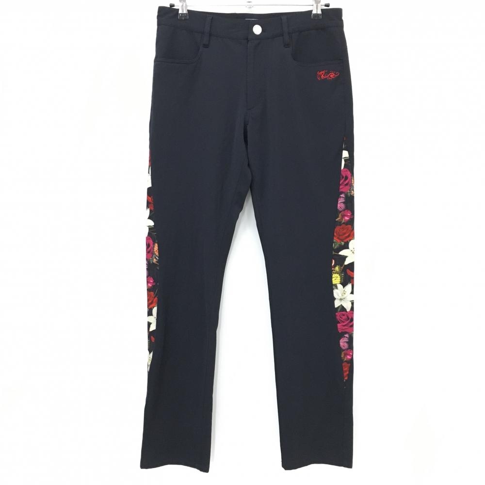 【美品】ダンスウィズドラゴン パンツ 黒×ピンク サイド一部花柄 ロゴ刺しゅう  メンズ 2(M) ゴルフウェア Dance With Dragon