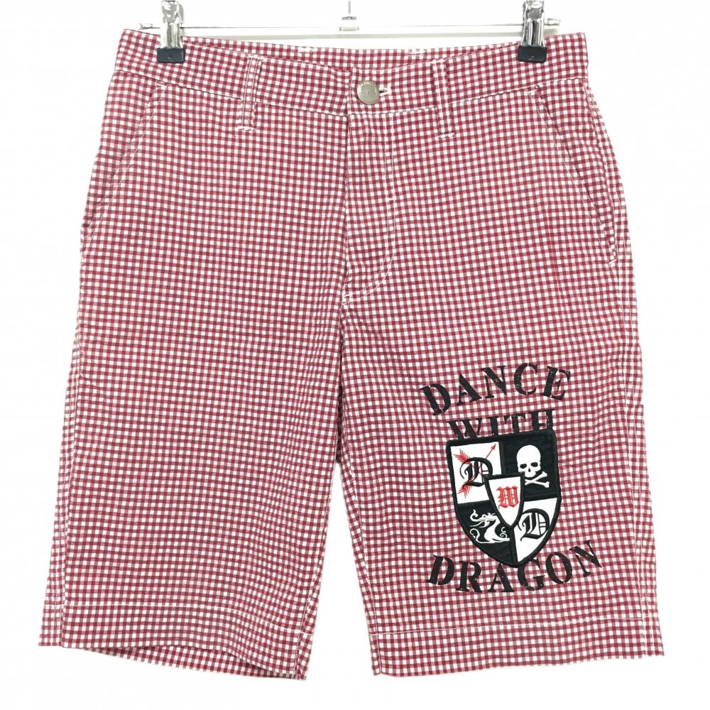 【美品】ダンスウィズドラゴン ハーフパンツ レッド×白 ギンガムチェック サッカー生地 メンズ 1(S) ゴルフウェア Dance With Dragon