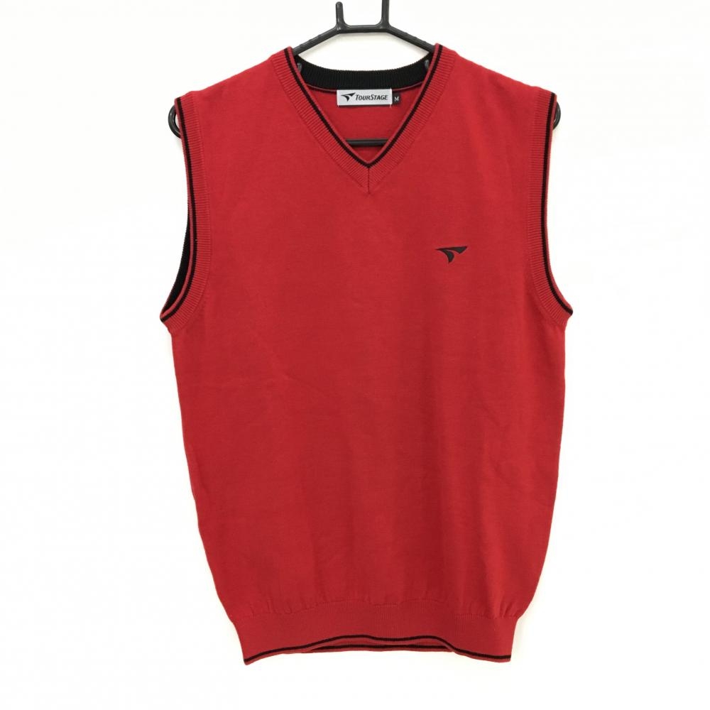 【美品】ツアーステージ ニットベスト レッド×黒 Vネック ロゴ刺しゅう メンズ M ゴルフウェア TOURSTAGE