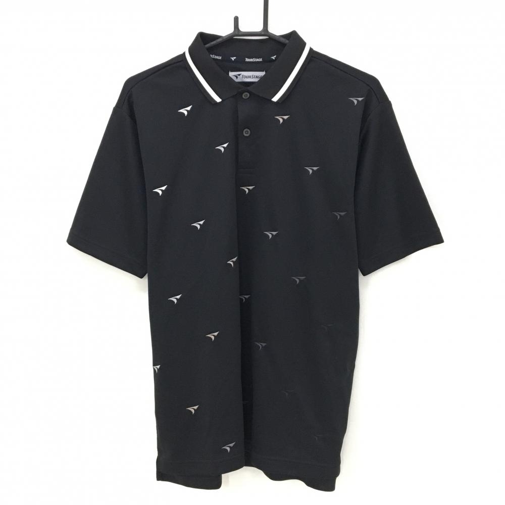 【美品】ツアーステージ 半袖ポロシャツ 黒×白 ロゴ刺しゅう総柄 襟ライン メンズ L ゴルフウェア TOURSTAGE