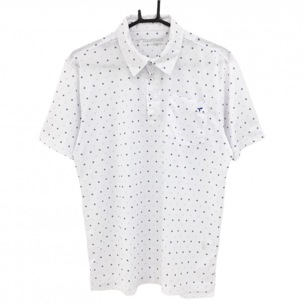 【超美品】ツアーステージ 半袖ポロシャツ 白×ネイビー 総柄 胸ポケット メンズ L ゴルフウェア TOURSTAGE