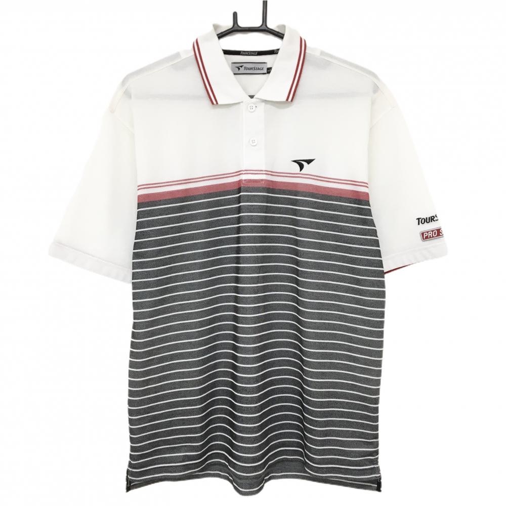 ツアーステージ 半袖ポロシャツ 白×ダークグレー系×レッド系 一部ボーダー 胸ロゴ メンズ L ゴルフウェア TOURSTAGE